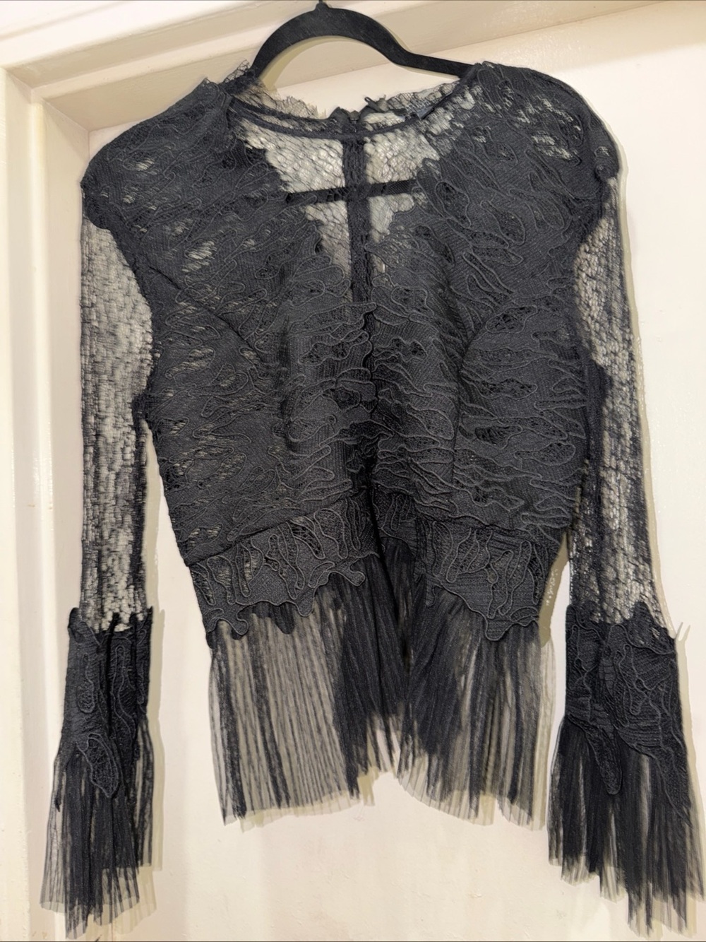 Bardot Black Lace Fringe Long-Sleeve Blouse